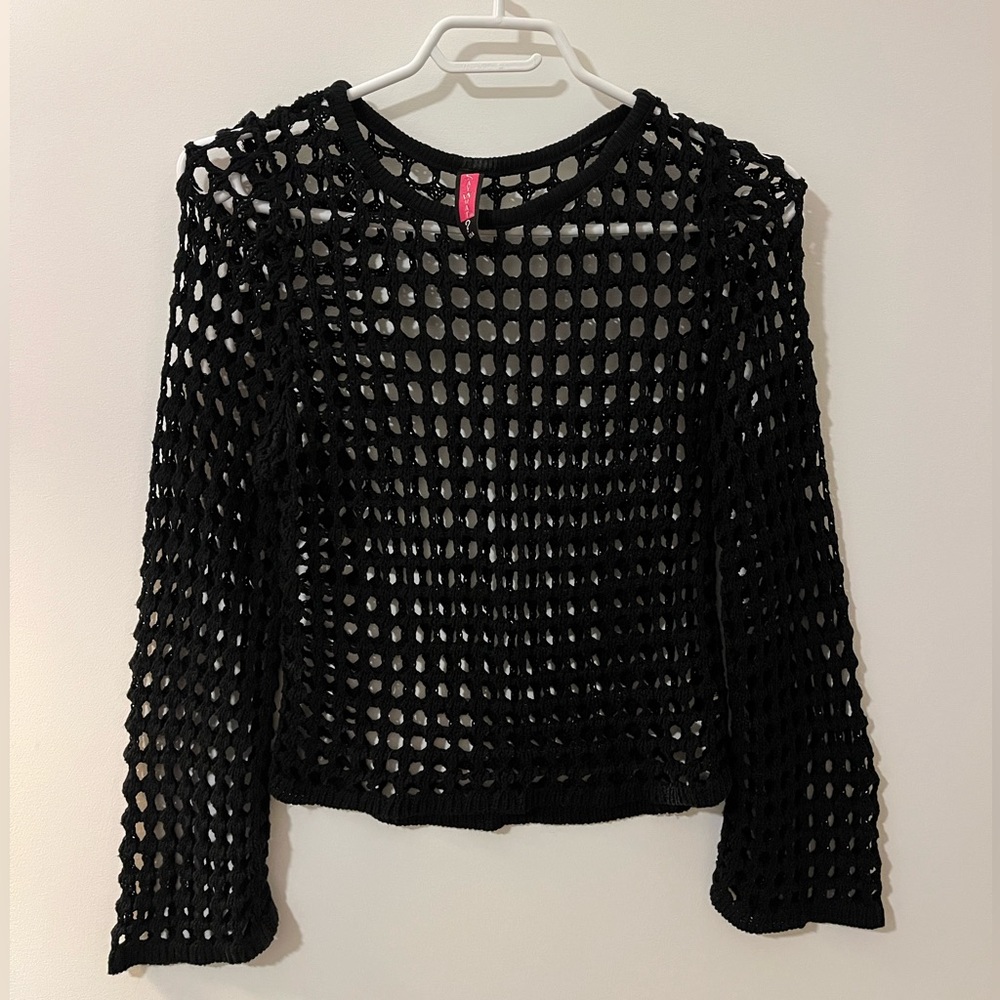 Black Crochet Long Sleeve Top